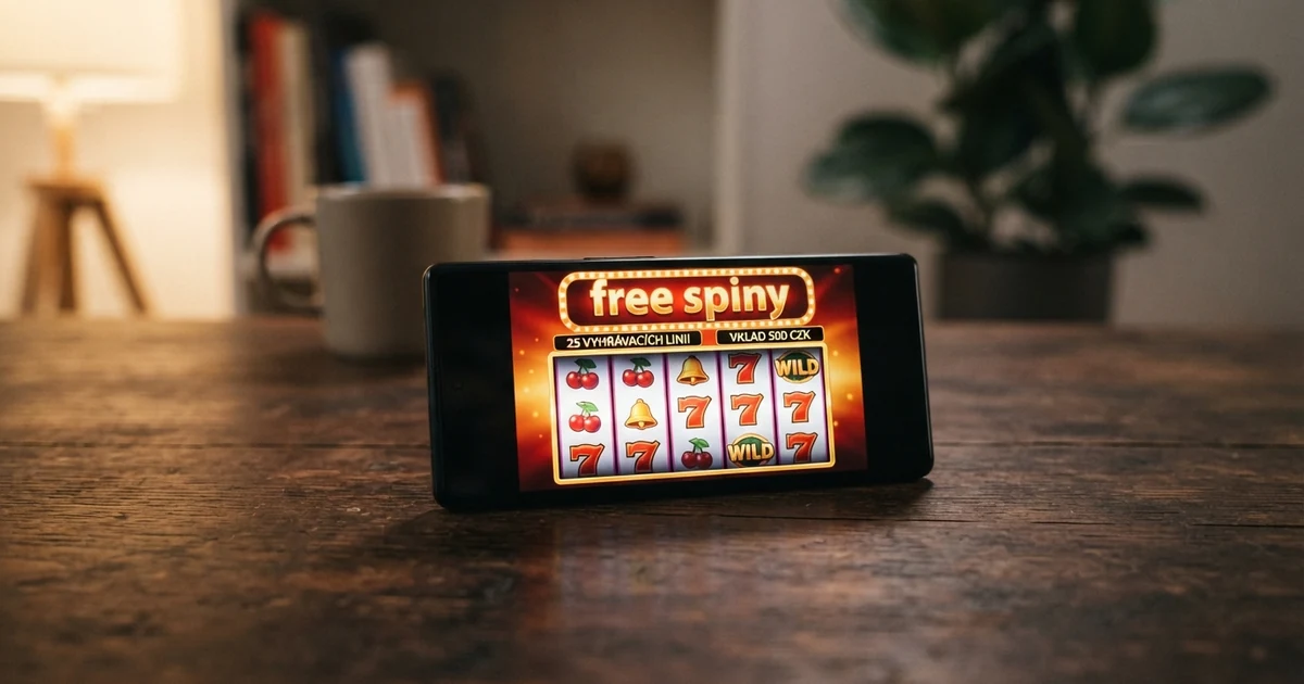 Hráč držící mobilní telefon s roztočenými válci online automatu, na obrazovce září nápis „free spiny“