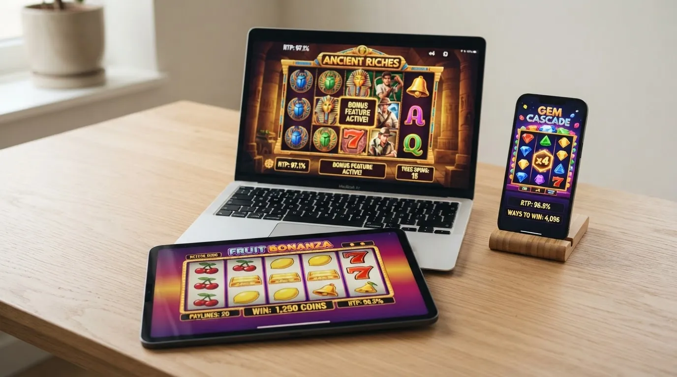 Koláž tří nejznámějších automatů z tabulky — Mega Joker, Book of Dead a Gates of Olympus — na obrazovkách mobilu a PC