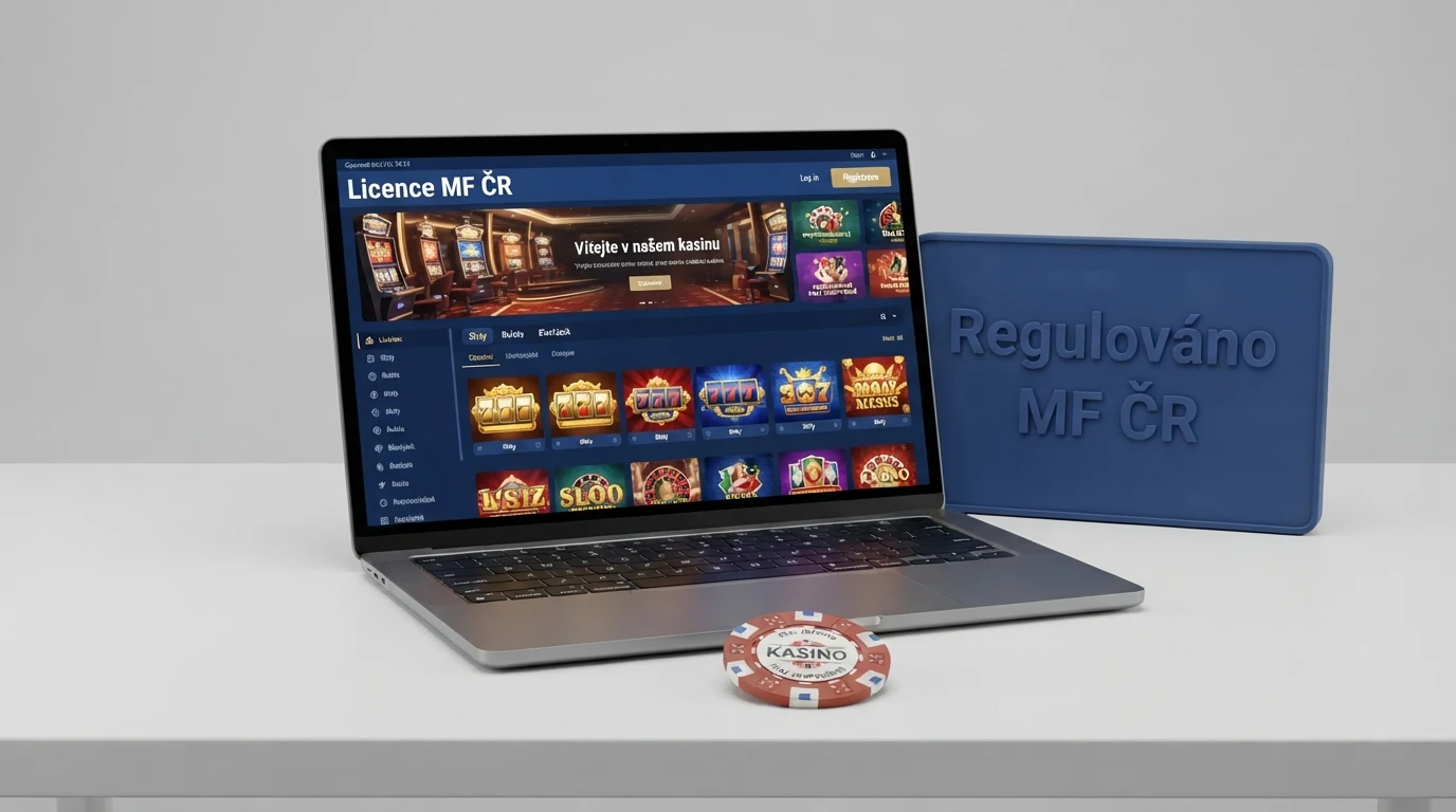 Vstupní stránka licencovaného online casina — logo operátora, tlačítko registrace a náhledy automatů.