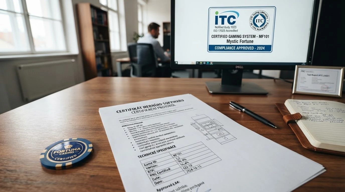 Logo akreditované zkušebny a úřední dokument s technickými parametry herního zařízení na stole