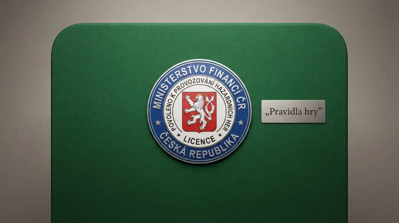 Razítko s nápisem licence a českou vlajkou na pozadí hracího stolu