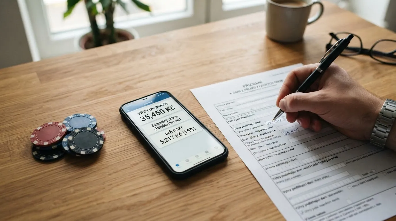 Formulář daňového přiznání a telefon s kalkulačkou