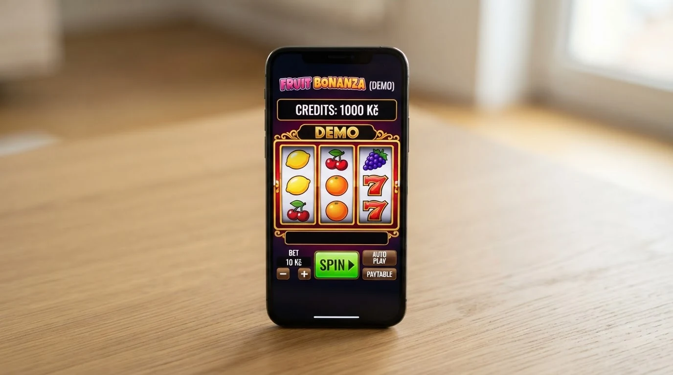 Obrazovka s demo režimem retro automatu – virtuální kredity, tři válce a ovocné symboly