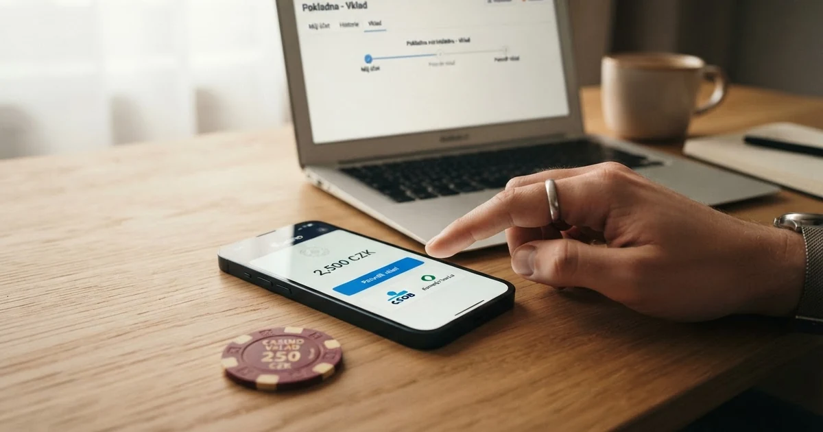 Platební brána GoPay na obrazovce mobilního telefonu, vedle logo českého online casina a potvrzovací tlačítko platby