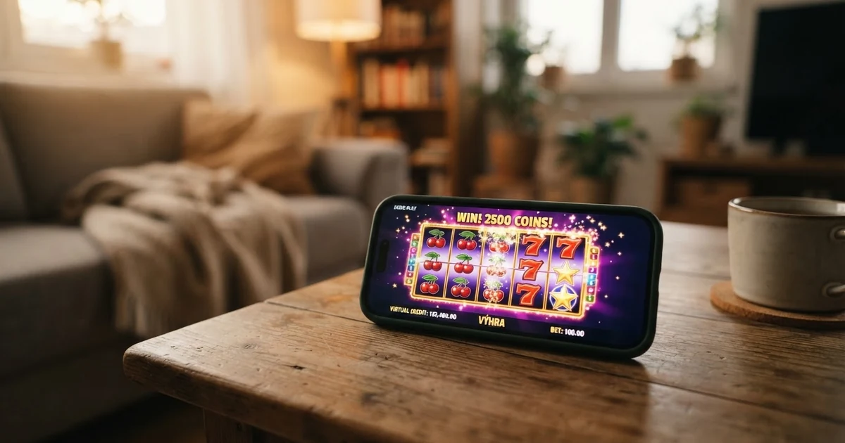 Ukázka demo režimu online hracího automatu s virtuálními kredity na obrazovce počítače