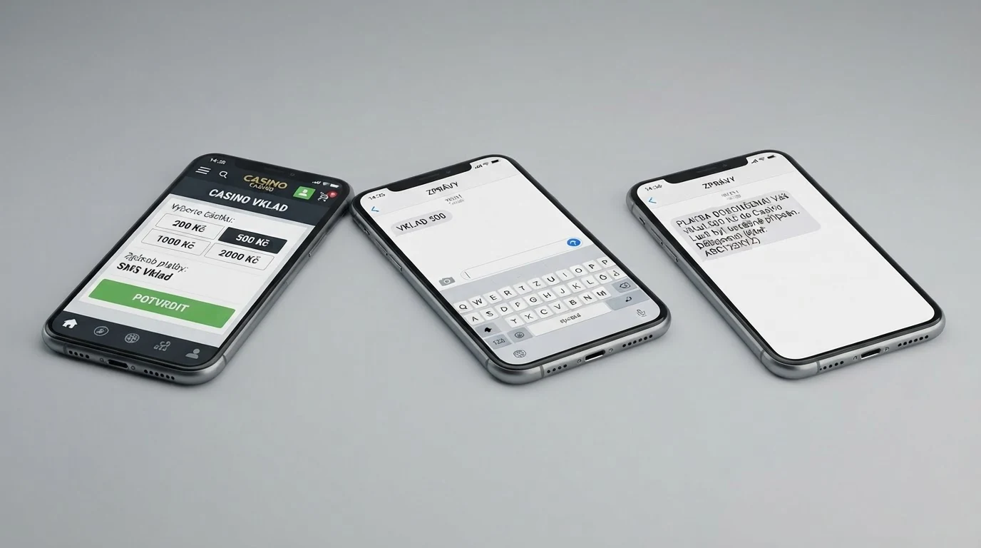 Infografika tří kroků: výběr částky v pokladně casina, odeslání SMS zprávy, potvrzovací notifikace o připsání kreditu — s vyznačeným číslem 90211 pro přímou SMS