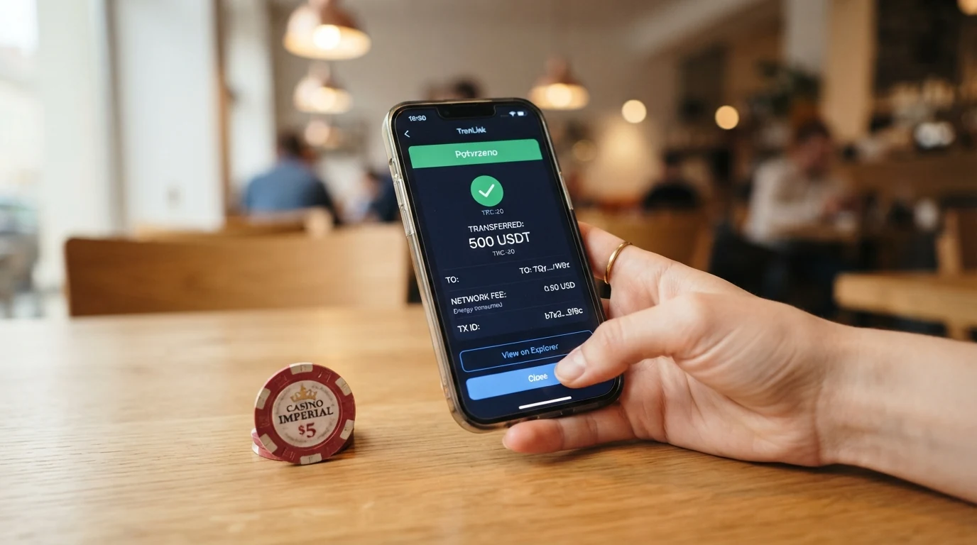 Mobilní aplikace kryptopeněženky s obrazovkou potvrzení transakce na síti TRC-20