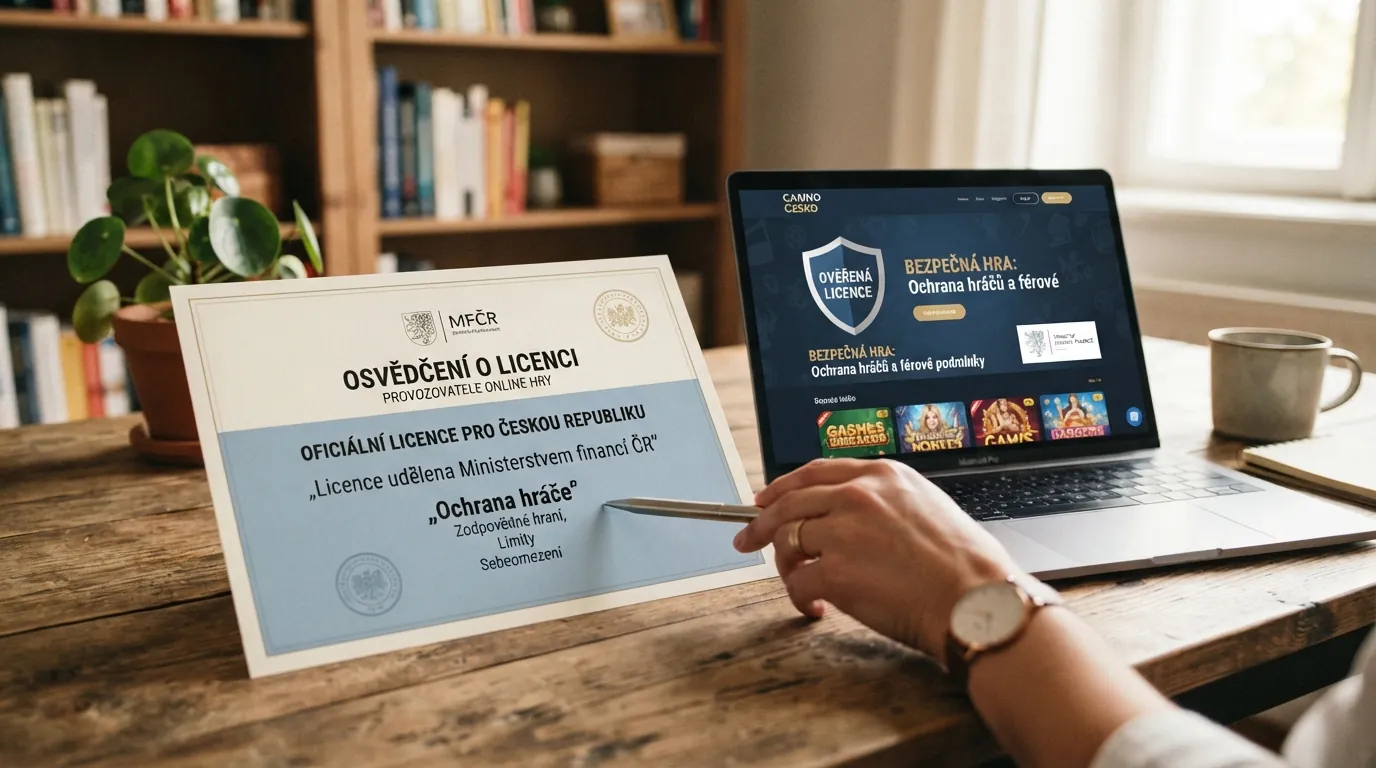 Úřední dokument s razítkem Ministerstva financí ČR vedle obrazovky s kasinem — symbol české licence a ochrany hráče