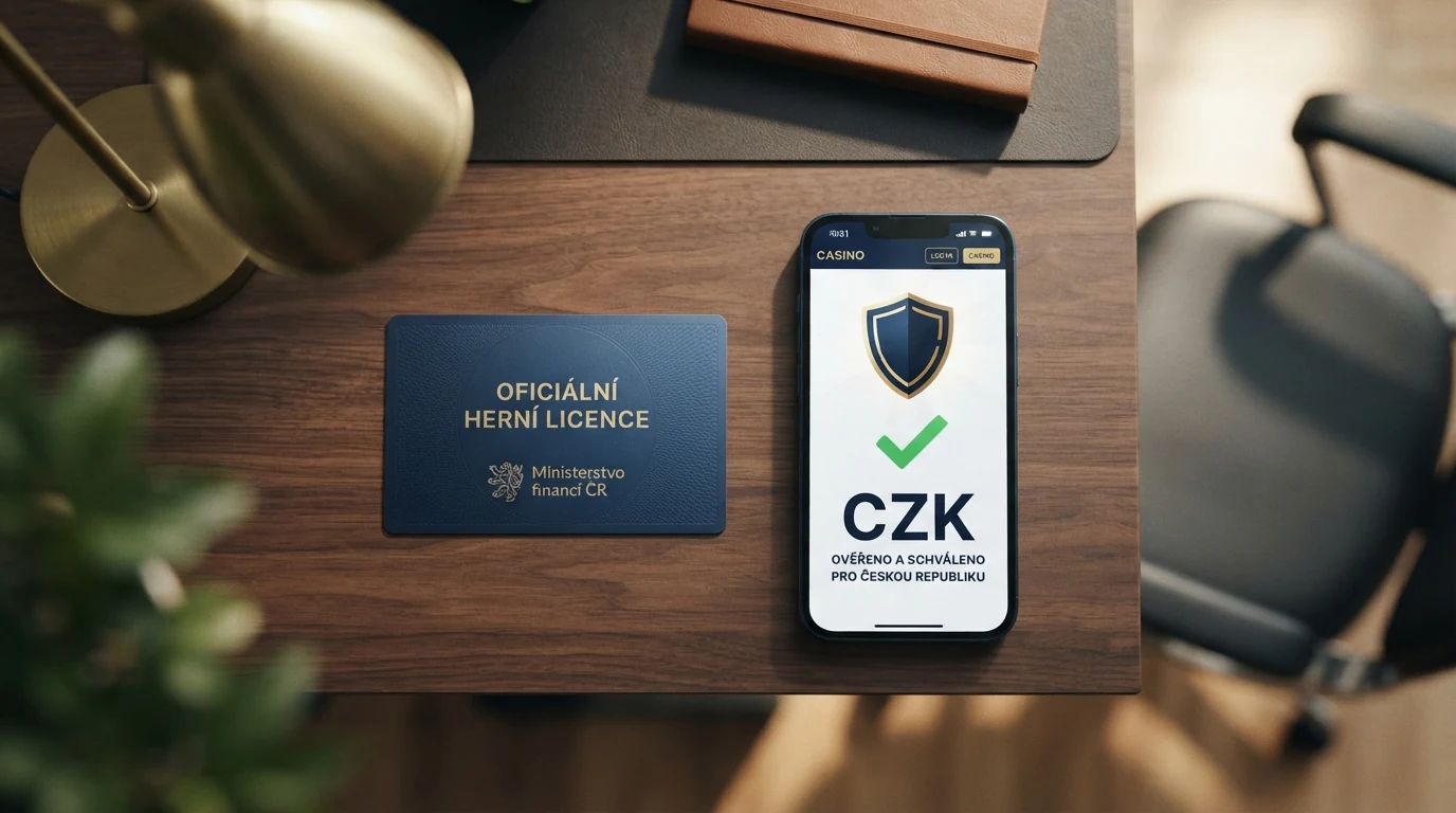 Oficiální logo Ministerstva financí ČR a ilustrace symbolizující ochranu hráče — štít s českou vlajkou před kasinovými kartami