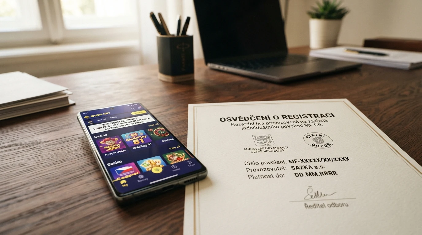 Detail české licence Ministerstva financí vedle mobilního telefonu s logem licencovaného kasina