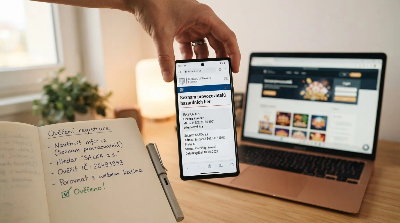 Detail výpisu ze Seznamu legálních provozovatelů MF ČR na monitoru — číslo licence, název provozovatele a datum platnosti