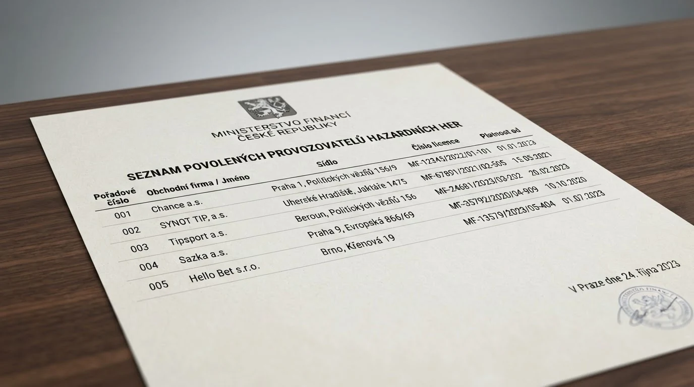 Výřez z veřejného registru Ministerstva financí ČR se seznamem držitelů základního povolení k hazardním hrám