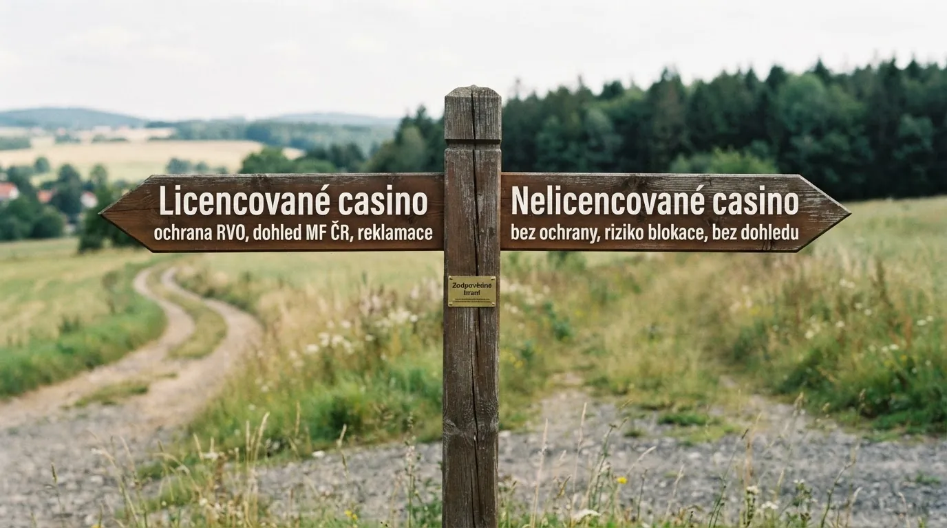 Rozcestník se dvěma směrovkami: vlevo „Licencované casino — ochrana RVO, dohled MF ČR, reklamace“, vpravo „Nelicencované casino — bez ochrany, riziko blokace, bez dohledu“