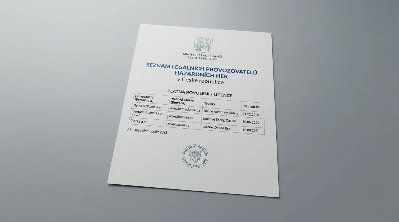 Oficiální dokument s logem Ministerstva financí ČR a výpis z veřejného seznamu licencovaných provozovatelů hazardních her