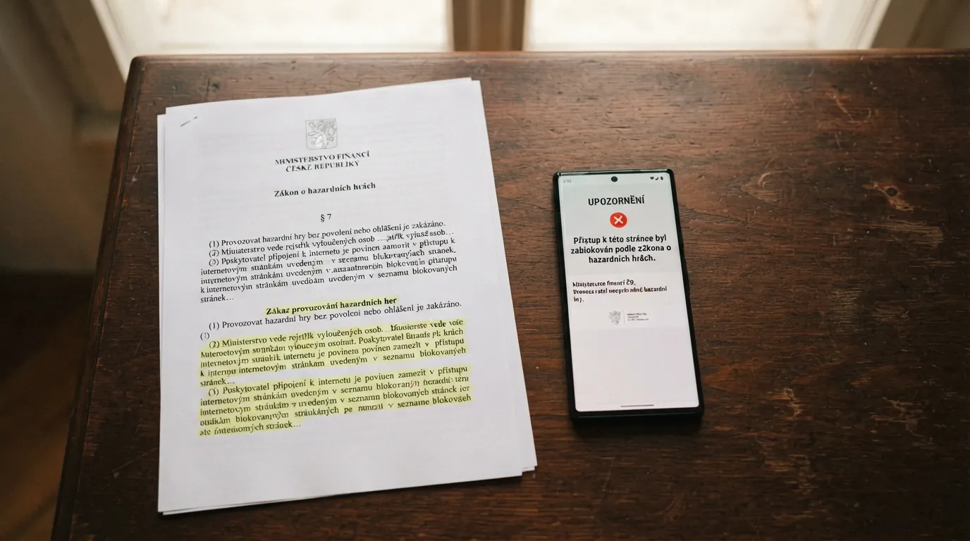 Úřední dokument s razítkem Ministerstva financí a paragrafy zákona o hazardních hrách vedle displeje s blokovanou stránkou