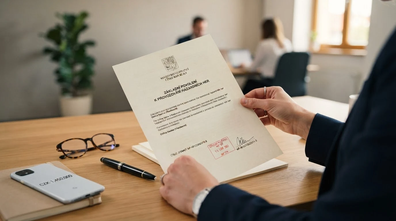Úřední dokument s hlavičkou Ministerstva financí ČR a textem základního povolení k provozování hazardních her