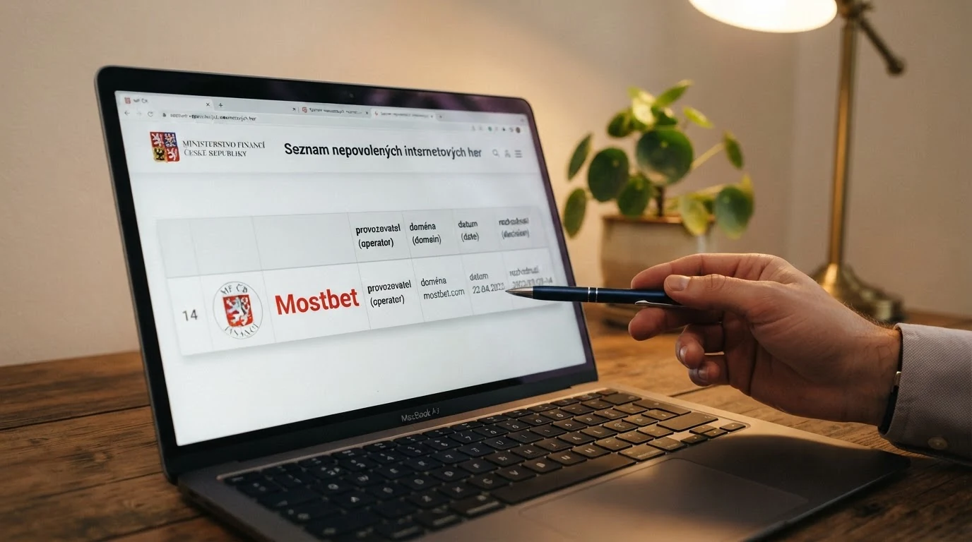 Obrazovka s výřezem Seznamu nepovolených internetových her — červeně zvýrazněný řádek s názvem blokovaného operátora, vedle logo MF ČR