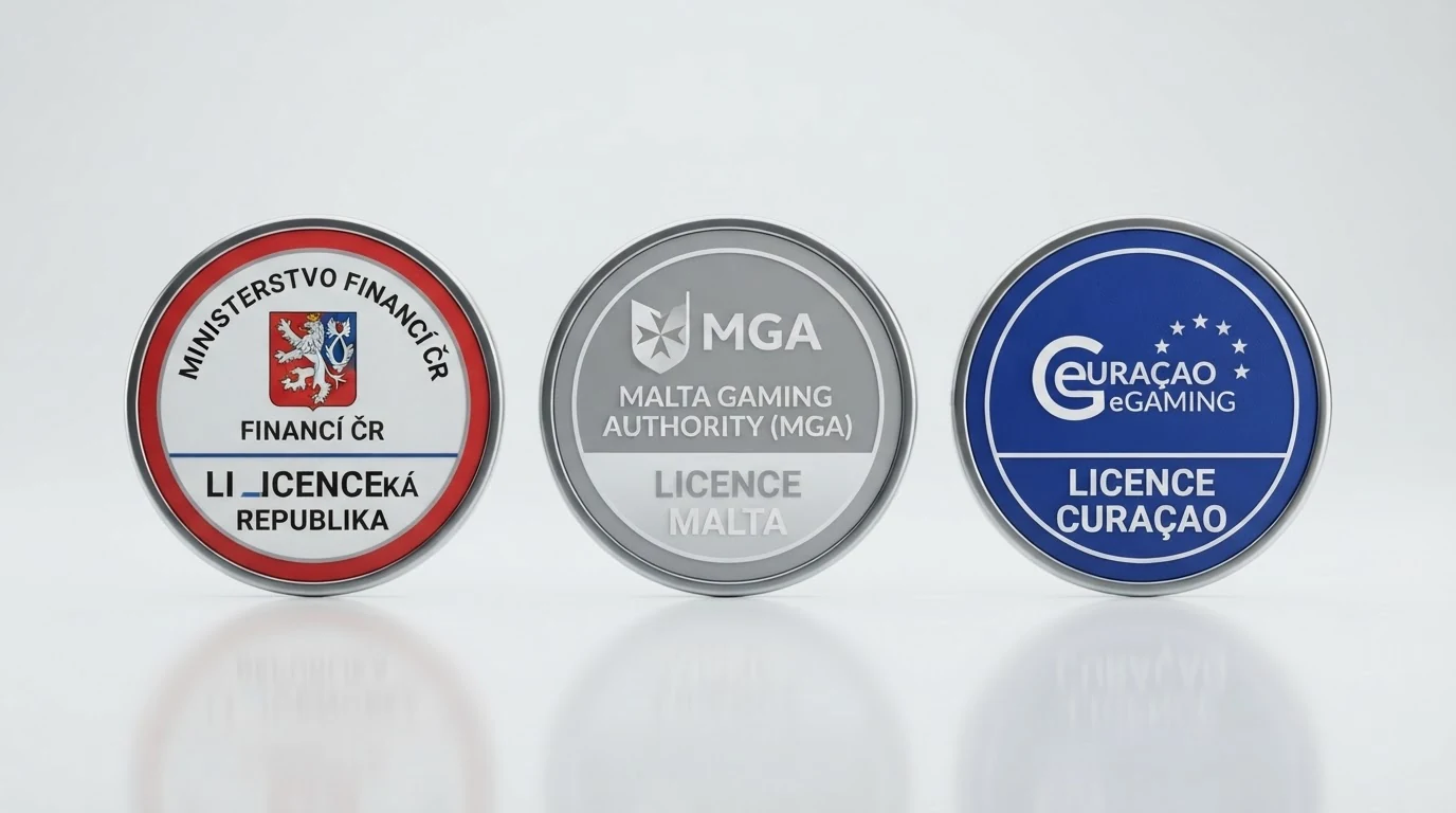 Tři licenční pečeti vedle sebe — logo Ministerstva financí ČR, MGA a Curaçao eGaming — každá s odlišnou úrovní právní ochrany