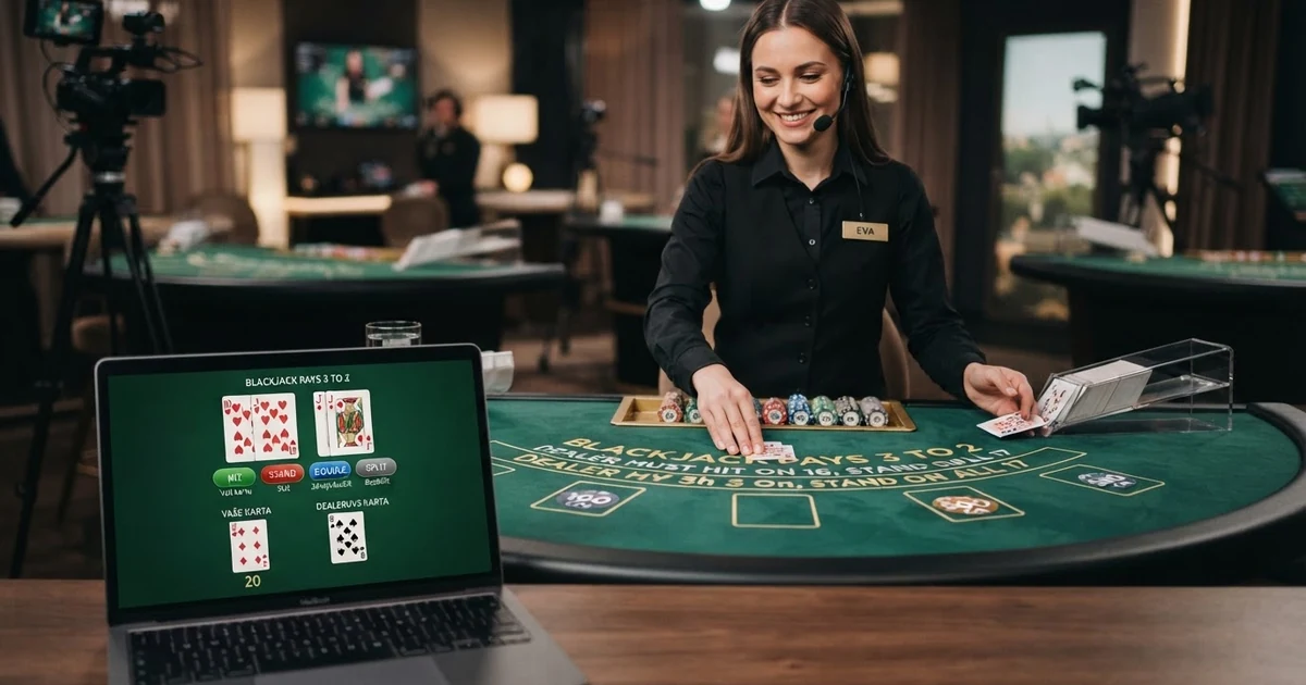 Živý krupiér rozdává karty u blackjackového stolu v kasinovém studiu, v popředí sázkové rozhraní na obrazovce počítače