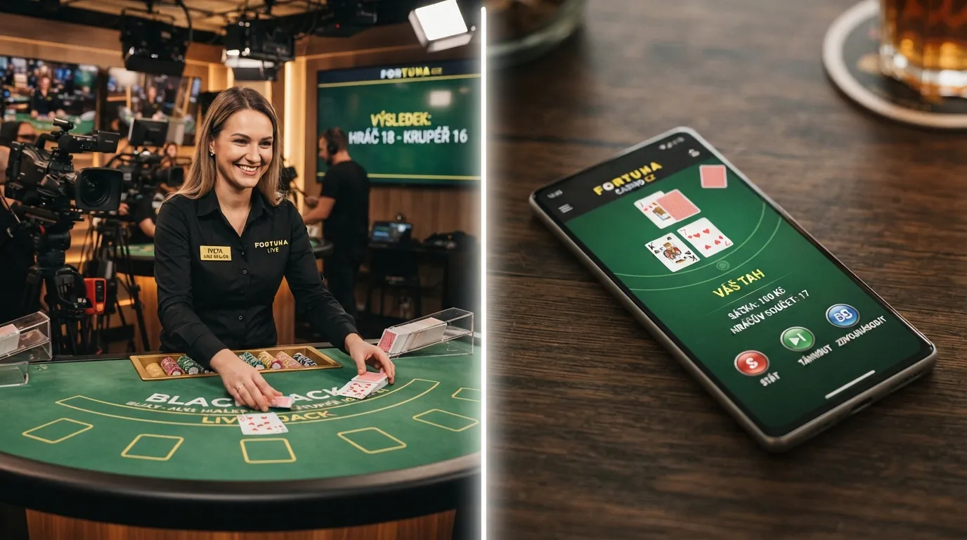 Rozdělená obrazovka: vlevo živý krupiér u blackjackového stolu ve studiu Evolution, vpravo animované RNG rozhraní s virtuálními kartami