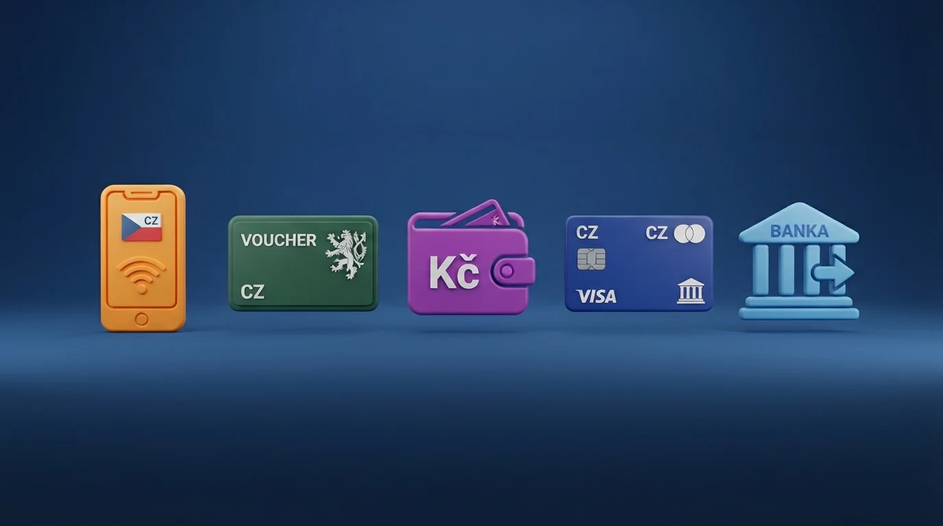 Ikony platebních metod — SMS, M-platba, Paysafecard, Skrill, platební karta — seřazené na displeji telefonu