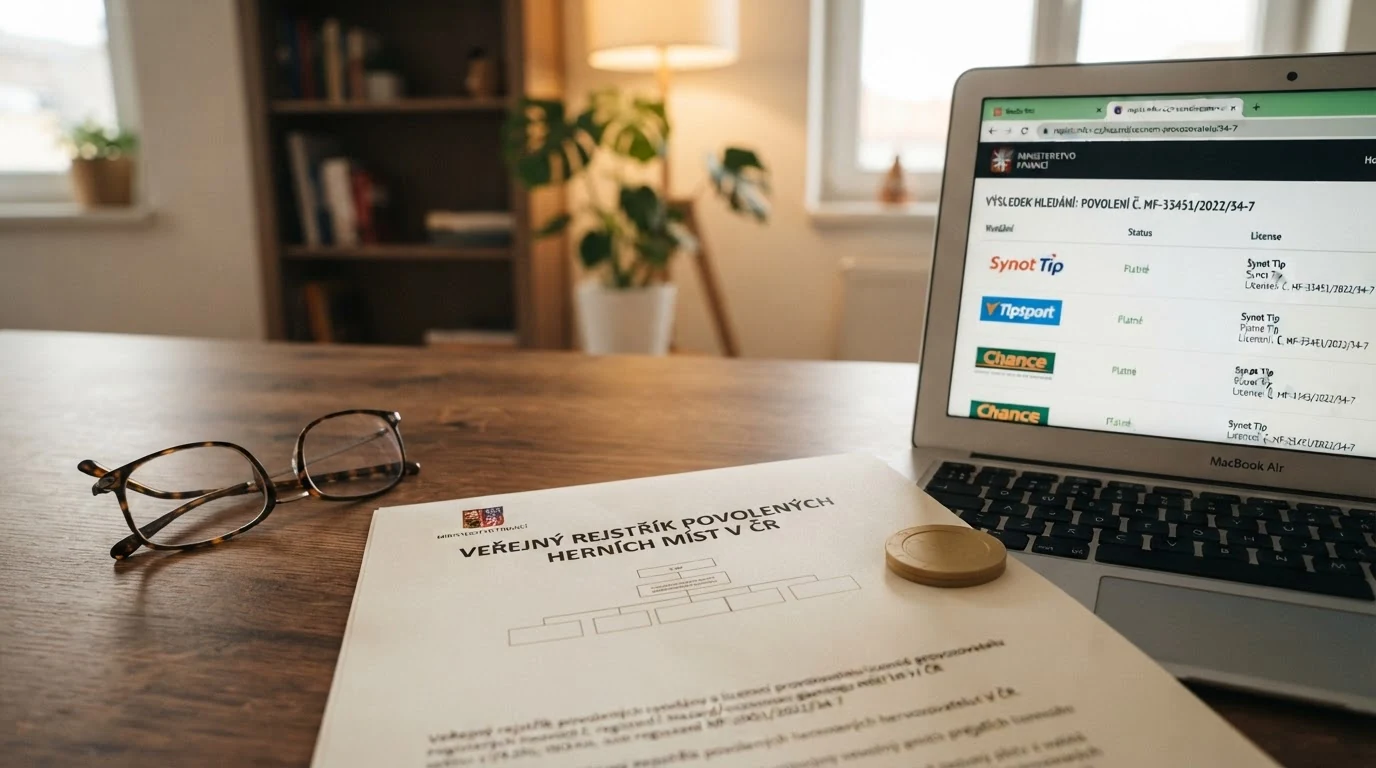 Oficiální logo Ministerstva financí ČR a dokumenty ilustrující proces ověření licence online kasina