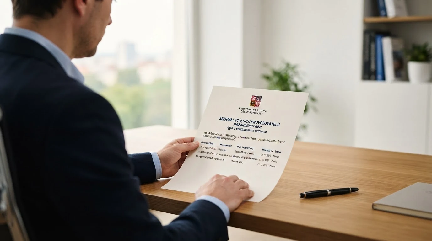Logo Ministerstva financí ČR a fragment veřejného seznamu licencovaných provozovatelů hazardních her