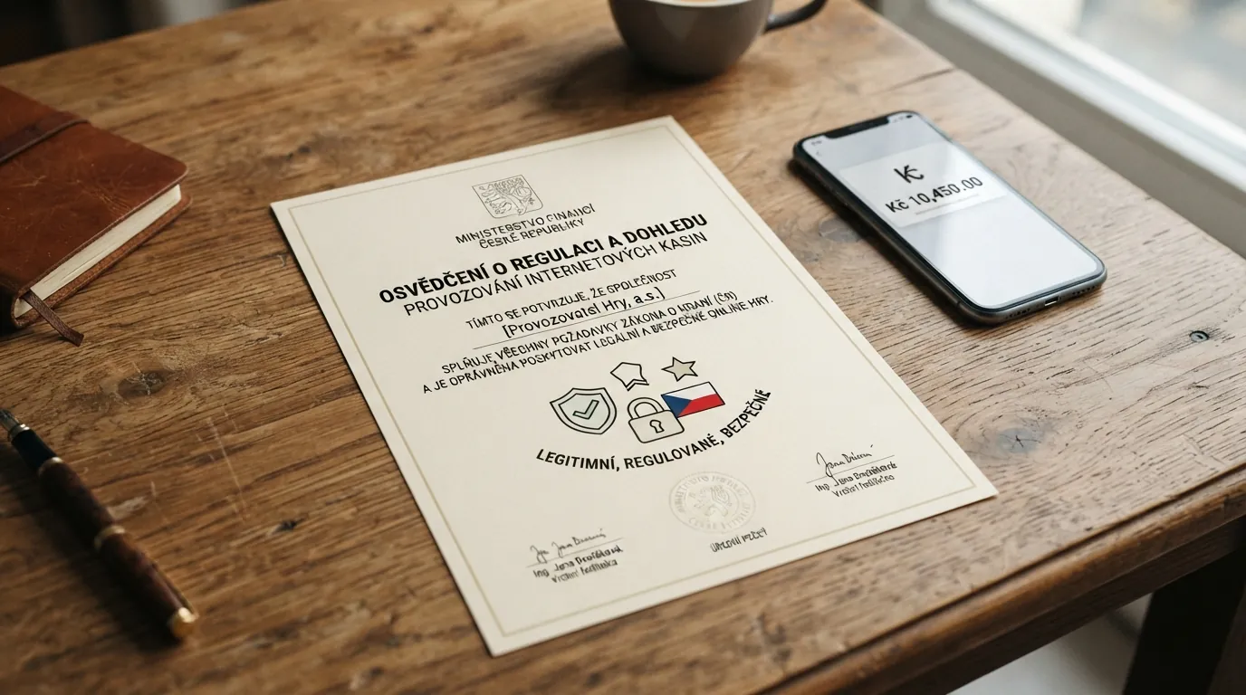 Úřední dokument s razítkem Ministerstva financí ČR na psacím stole, v pozadí monitor s logem licencovaného casina.