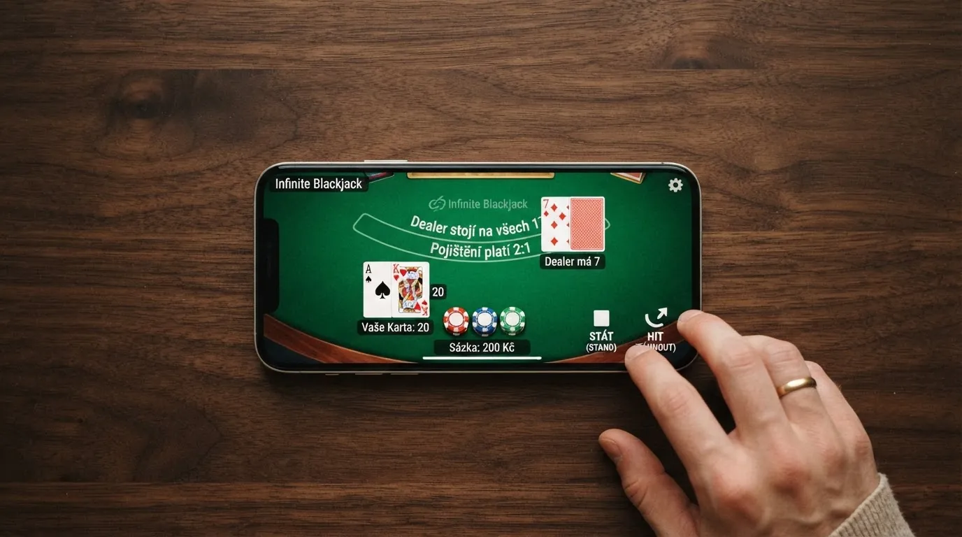 Mobilní telefon s rozloženým blackjackovým stolem na displeji