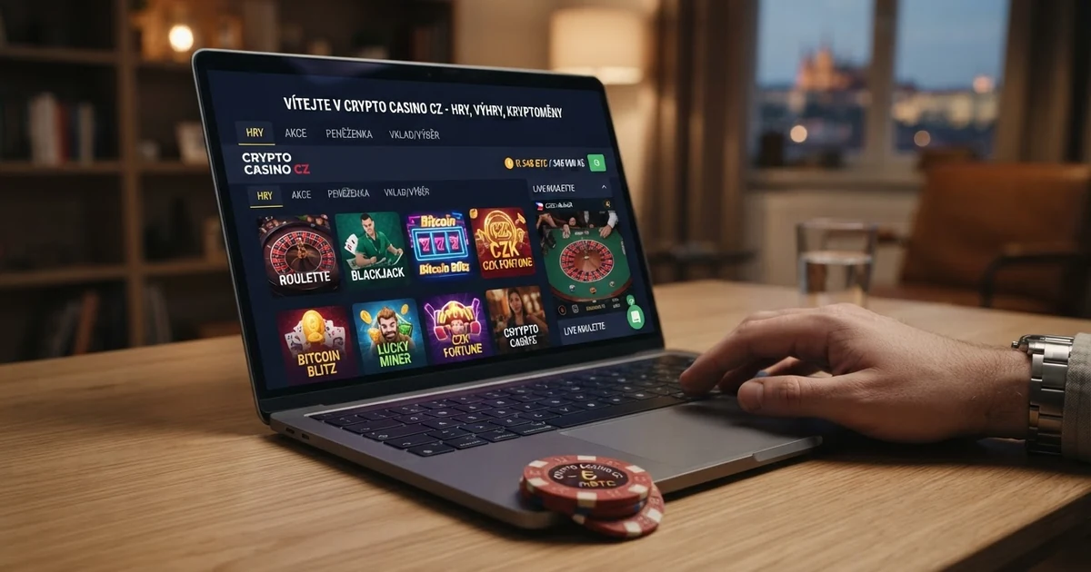 Rozhraní krypto kasina s bitcoinovou peněženkou, rulety a sloty na obrazovce notebooku