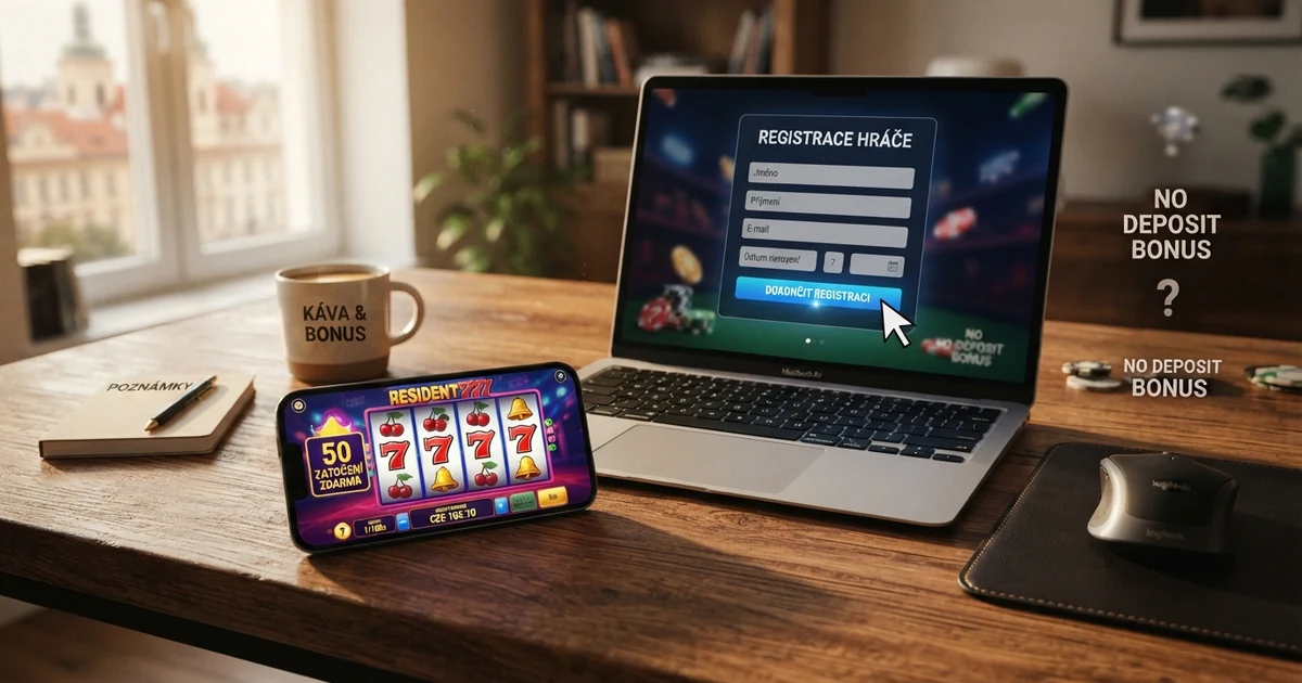 České online casino na displeji notebooku, vedle něj mobil s registračním formulářem, v pozadí symboly volných otoček a otazník nad hromádkou mincí
