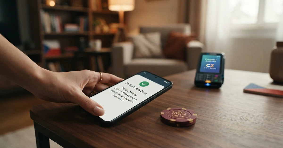 Platební terminál s logem TrustPay a mobilní telefon zobrazující potvrzení okamžité platby do online casina