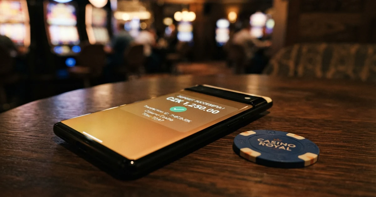 Platební brána GoPay na displeji mobilního telefonu vedle loga online casina
