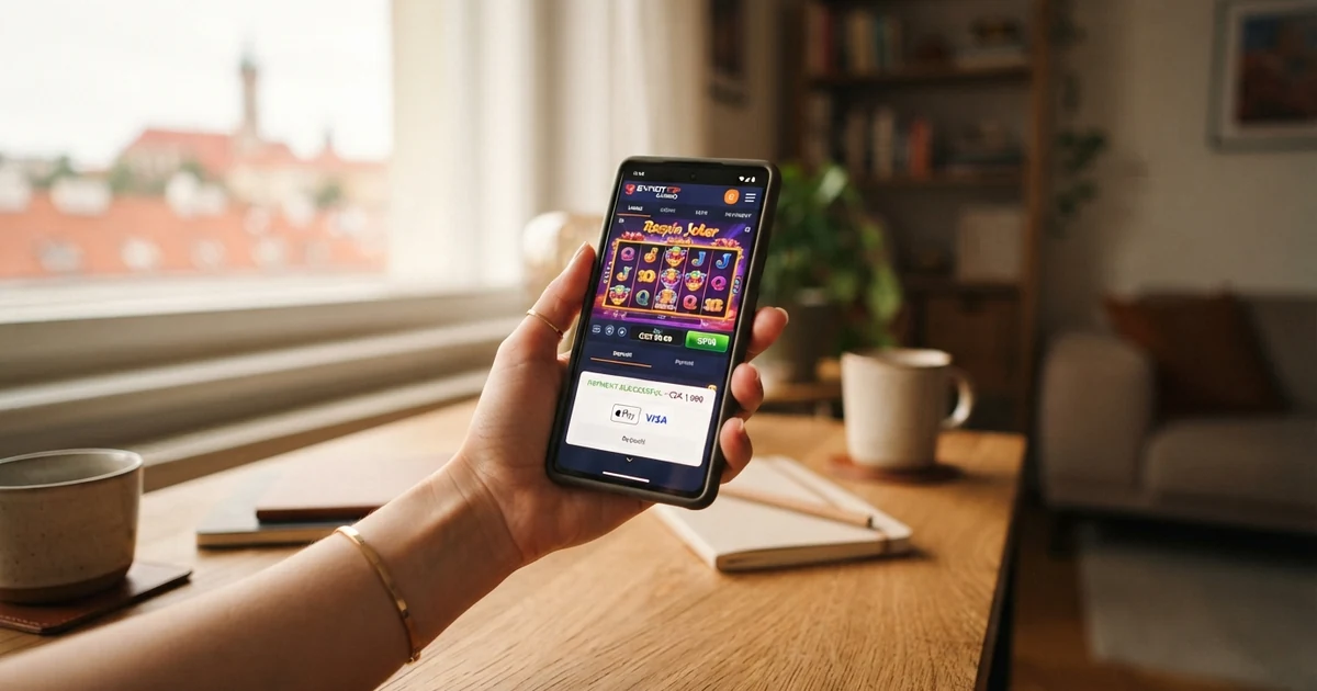 Mobilní telefon zobrazující online casino s logem m-platby a českou licencí MF ČR na obrazovce