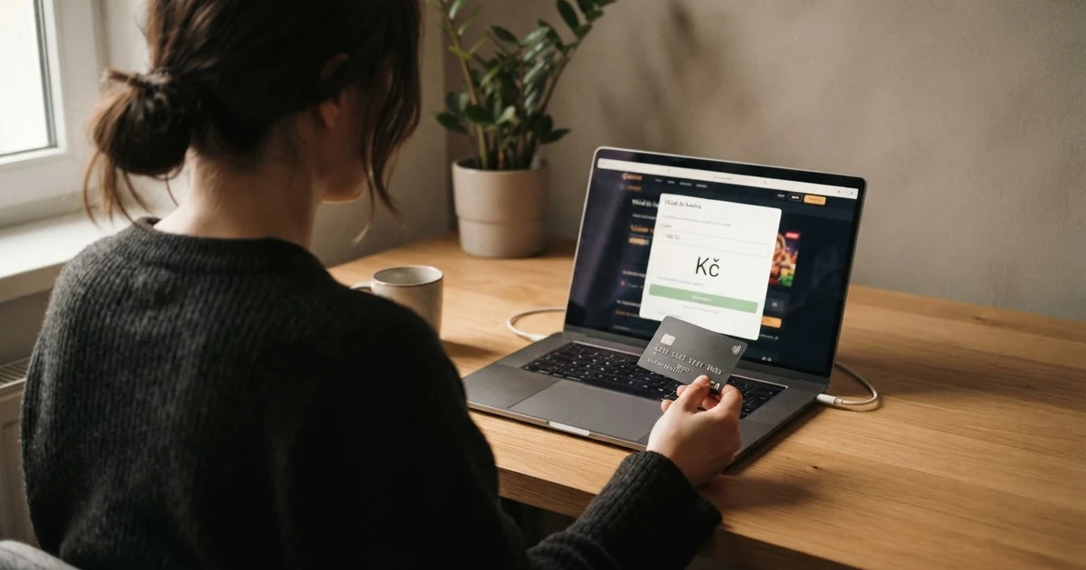 Hráč držící platební kartu Mastercard před obrazovkou notebooku s otevřenou pokladnou online casina