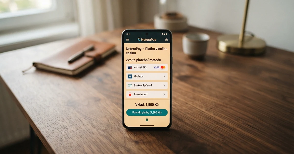 Platební rozhraní NeteraPay na displeji mobilního telefonu s logem služby a výběrem platebních kanálů