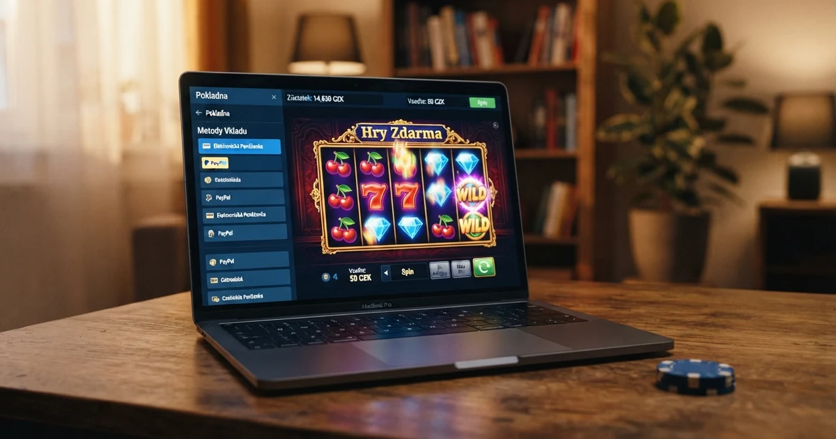 Rozhraní online casina na obrazovce počítače s logem PayPal mezi platebními metodami a roztočenými válci automatu v pozadí