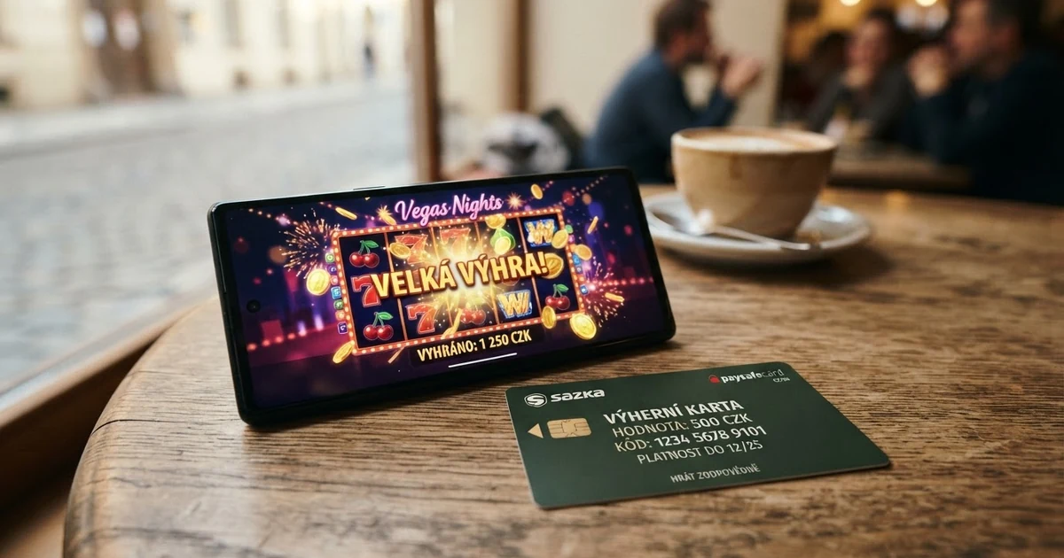 Předplacená karta Paysafecard vedle mobilního telefonu s otevřenou kasinovou hrou na displeji