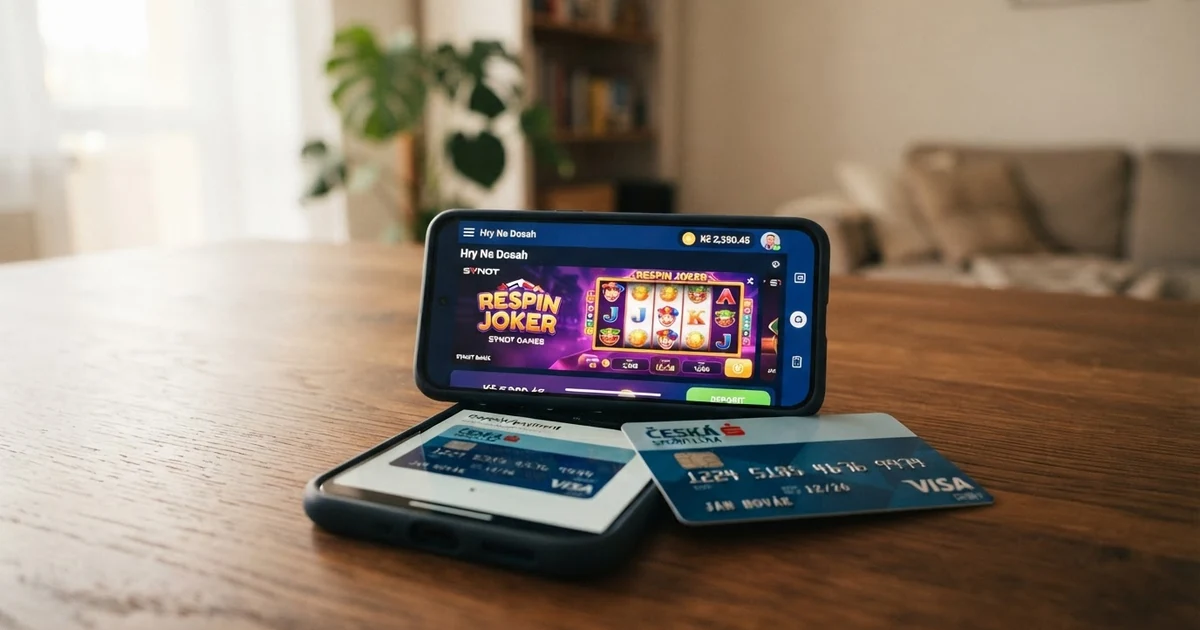 Plastová a virtuální Revolut karta vedle displeje mobilního telefonu s otevřenou aplikací online casina