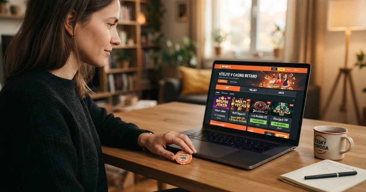 Hráč u stolu s notebookem vybírá online casino a vedle leží platební karta Visa