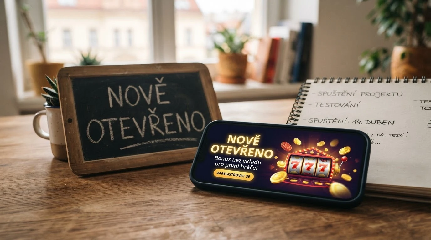 Virtuální výloha s nápisem „nově otevřeno“ a poutačem „bonus bez vkladu pro první hráče“, v pozadí kalendář s letopočtem