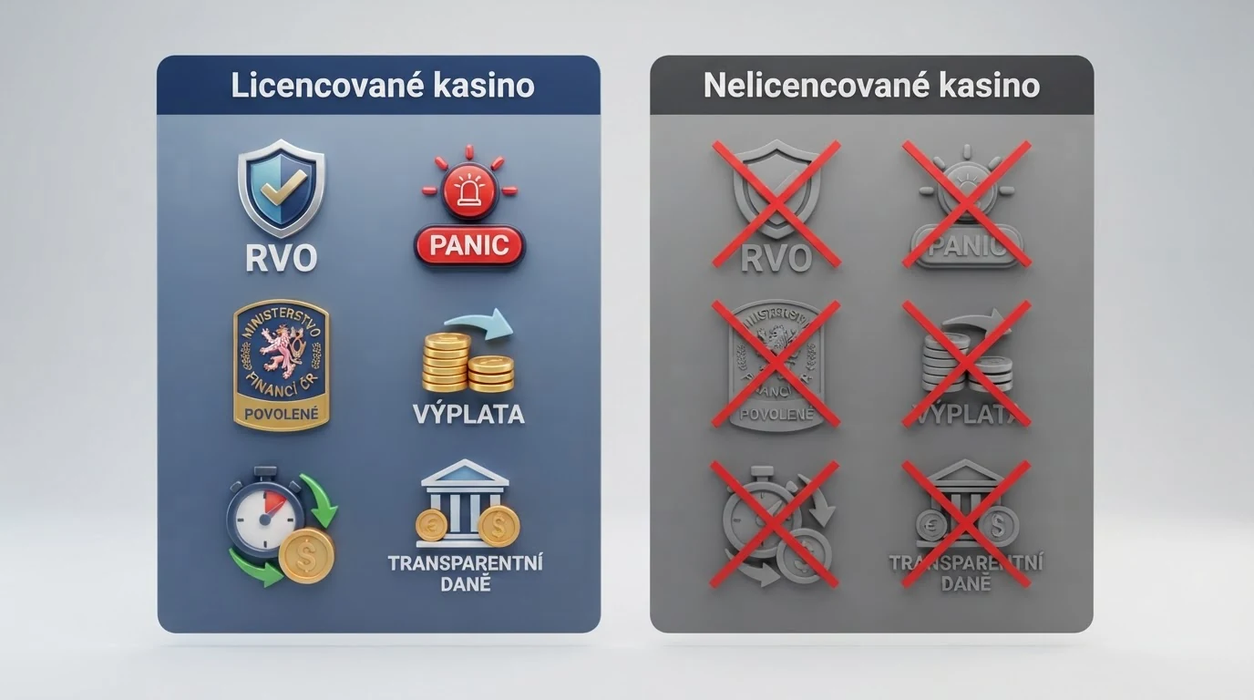 Rozdělená obrazovka: vlevo ikony ochran (štít RVO, tlačítko panic button, logo MF ČR, symbol výplaty) pod nadpisem Licencované kasino, vpravo stejné ikony přeškrtnuté červeně pod nadpisem Nelicencované kasino.