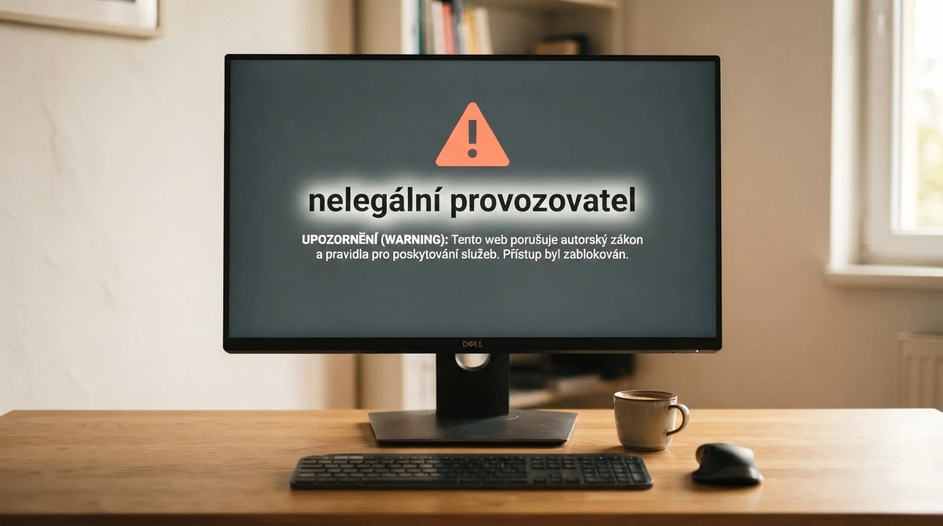 Výstražný symbol na displeji počítače s nápisem „nelegální provozovatel“