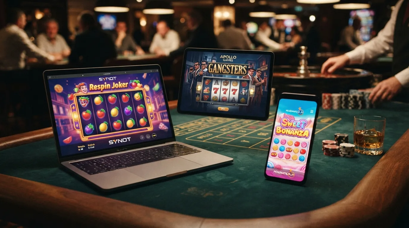 Koláž log a ukázek automatů od hlavních poskytovatelů působících v českých online casinech — Synot, Apollo, NetEnt, Pragmatic Play