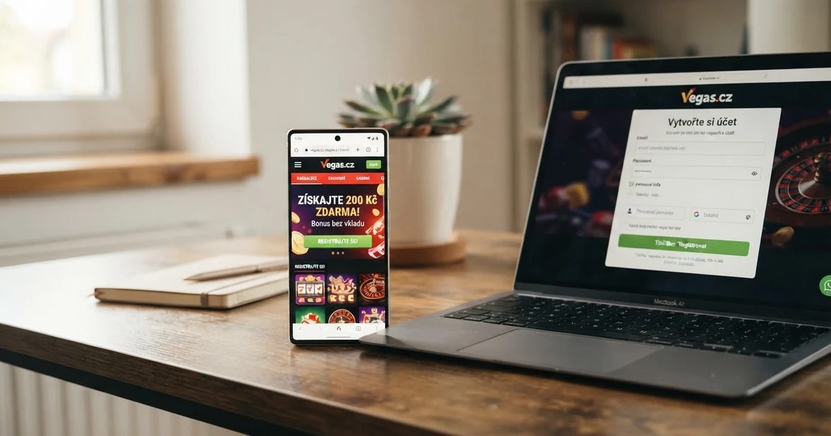 Mobilní telefon a notebook zobrazující registrační stránku českého online casina s nabídkou bonusu bez vkladu