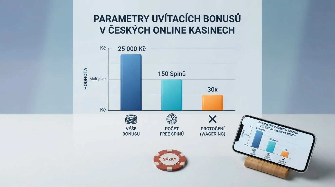 Srovnávací tabulka vstupních bonusů s částkami v korunách — sloupce operátor, bonus, protočení a free spiny na světlém pozadí