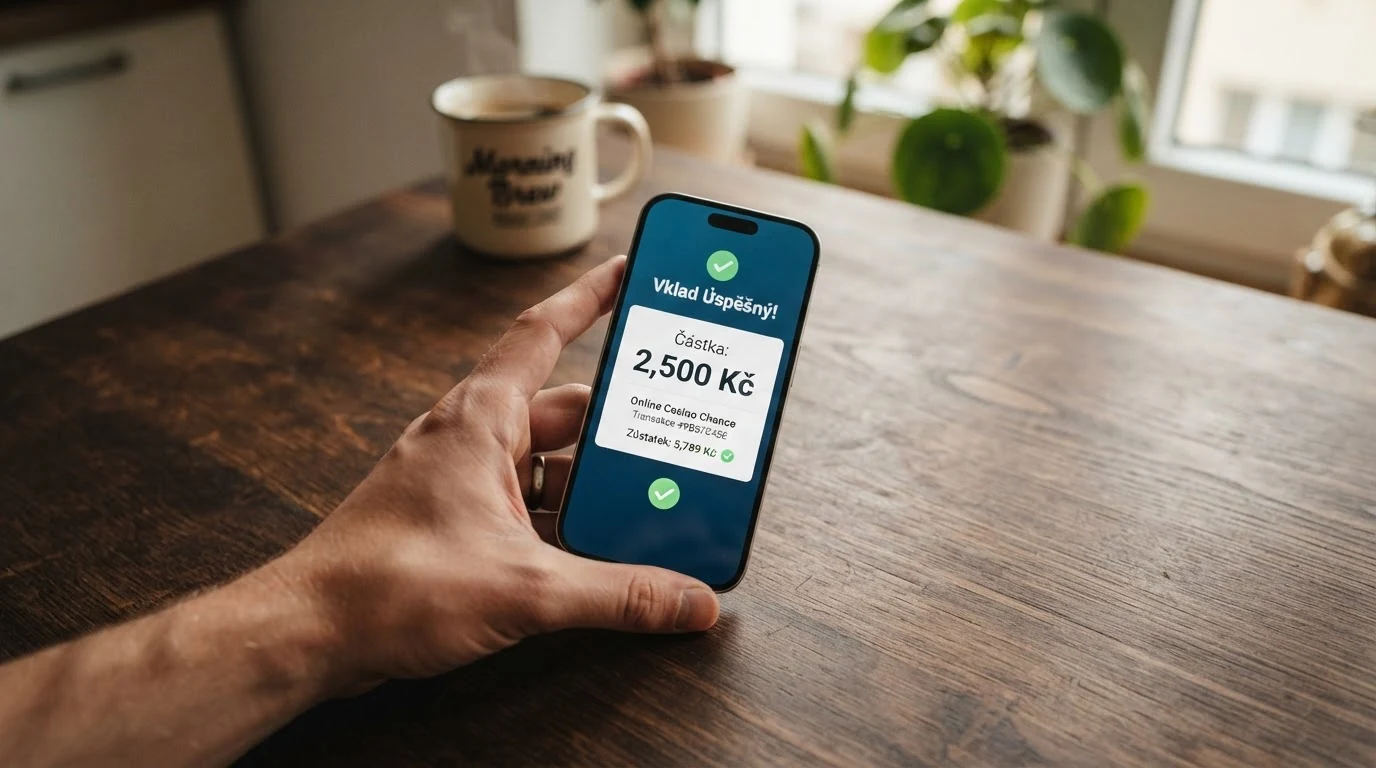 Mobilní telefon s otevřenou aplikací PayPal zobrazující potvrzení úspěšné platby do online casina