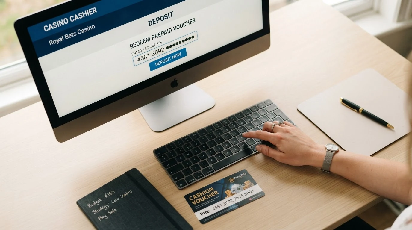Detail 16místného PIN kódu na Paysafecard kupónu a pole pro zadání v pokladně online casina na monitoru