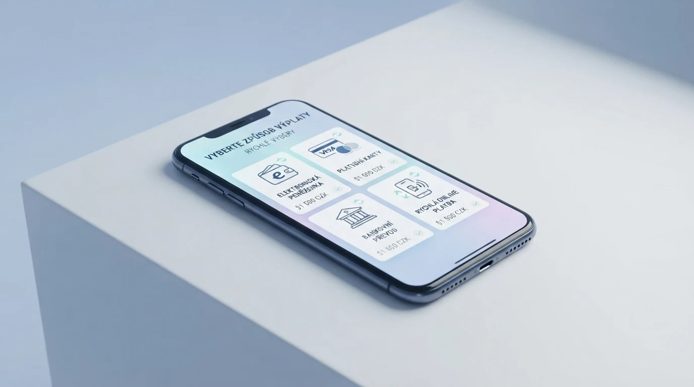 Displej mobilního telefonu s výběrem platebních metod — ikony pro Skrill, platební kartu, bankovní převod a NeteraPay
