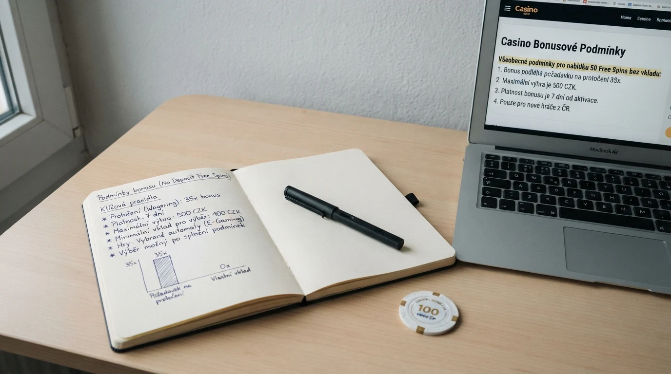 Detail bonusových podmínek na obrazovce notebooku — zvýrazněné řádky o protočení, platnosti a minimálním výběru vedle loga českého licencovaného casina